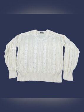Brooks Brothers Vintage Cream V-Neck Cable Knit Sweater